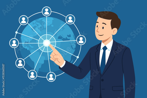 Global networking connection concept. Businessman pointing at virtual interface with world map, user icons. Social media, teamwork, communication, business strategy vector.