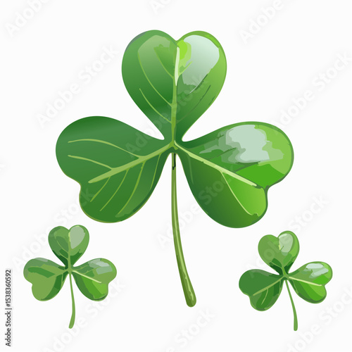 A vibrant illustration features three shamrocks, the iconic symbol of luck and St Patrick's Day, set against a clean white background, showcasing a detailed vector graphic.