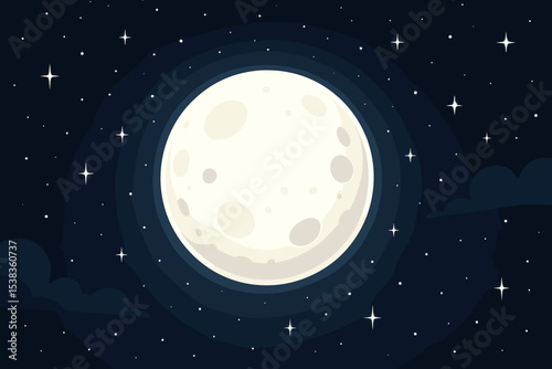 Cartoon full moon on a dark starry night sky background. Vector illustration of a celestial scene with glowing moonlight, twinkling stars and craters. Cosmic universe concept design.