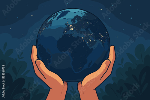Hands holding planet Earth at night. Concept of Earth Hour, global energy consumption, and environmental responsibility. Save our planet. Ecology and sustainability vector.