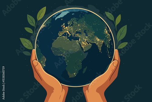 Hands holding Earth at night with city lights concept for global energy consumption. Environmental care, sustainability, and saving our planet. Ecology and green future illustration.