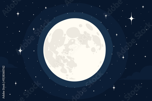 Bright full moon on a dark starry night sky vector background. Cartoon illustration of space with twinkling stars and moonlight. Celestial, astronomy, cosmos, and galaxy concept.