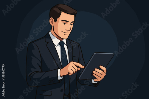 Professional businessman working on a digital tablet. Corporate executive manager in a suit using a mobile device for data analysis. Modern technology and business concept cartoon vector.