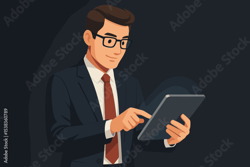 Businessman using a digital tablet for business analysis. Professional male manager or entrepreneur in suit working on modern technology. Corporate character vector illustration concept.
