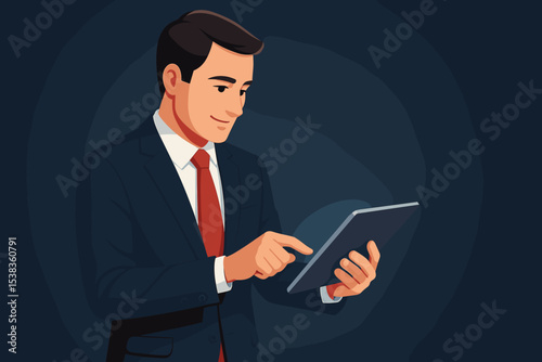 Businessman in suit using a digital tablet. Professional entrepreneur working on modern device, browsing internet. Smiling corporate manager holding touch screen. Business technology concept.