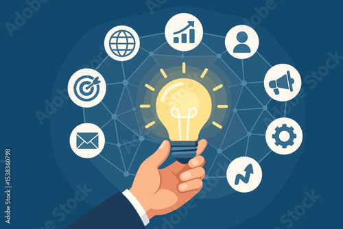 Hand holding a glowing light bulb, symbol of a new idea. Business and marketing strategy concept with a network of digital icons for analytics, SEO, promotion, and targeting.