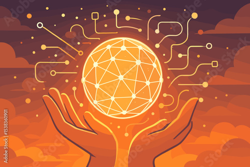 Hands holding glowing global network sphere. Technology, communication, and innovation concept. Abstract futuristic vector of internet, data exchange, AI, and blockchain connection.