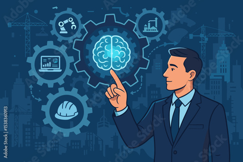 Industrial innovation concept with businessman pointing at AI brain. Smart manufacturing, engineering technology, robotics and construction automation process with gears vector.