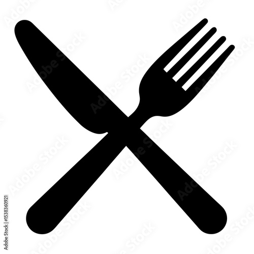 Black and white vector image of a knife and fork crossing each other