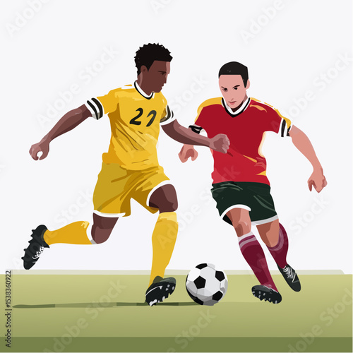 An illustration depicts two soccer players in action, one in a yellow uniform with the number 27, and another in a red uniform, playing the ball.