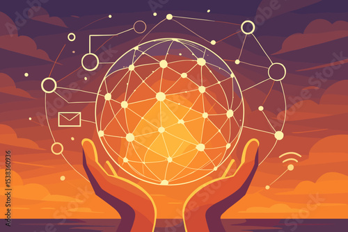 Global network communication concept. Hands holding a glowing digital sphere with nodes and connections. Worldwide internet, big data, cloud computing, and social media technology.