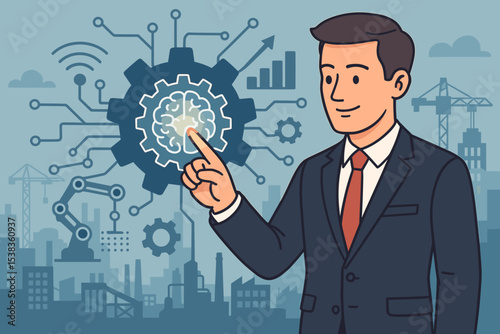 Businessman interacts with AI brain interface for industrial automation. Concept of Industry 4.0, smart factory, robotics, and innovation. Managing future technology and data analysis.