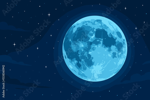 Blue full moon on a starry night sky with clouds. Vector illustration background. Magical celestial, cosmic scene for astronomy or fantasy concepts. Dark space with moonlight.