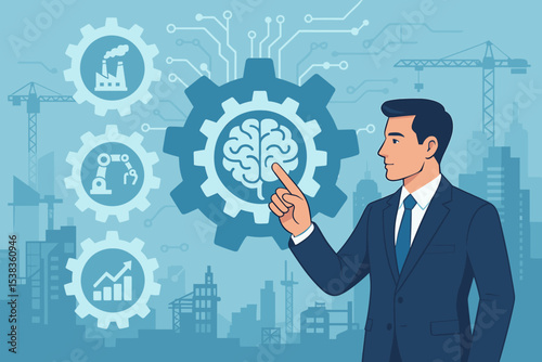 Smart factory and Industry 4.0 concept vector. Businessman pointing at AI brain inside a gear. Industrial automation, technology integration, robotics, and manufacturing process.