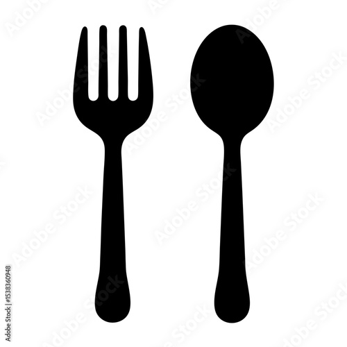 Simple black silhouette of a fork and a spoon on white backdrop