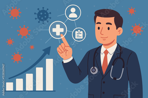 Healthcare professional analyzing pandemic data. Doctor points to a growth chart and medical network icons. Concept for public health, virus outbreak, medical technology, and clinic management.