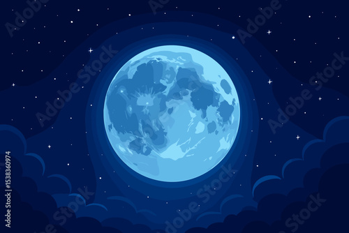 Blue full moon on a dark night sky with glowing stars and clouds. Vector illustration background. Mystical celestial landscape. Magical, fantasy, or spooky Halloween theme.