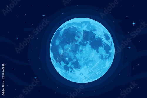 Blue full moon illustration on a dark starry night sky. Luminous celestial body in outer space. Cosmic background concept for astronomy, science, astrology, and fantasy vector.