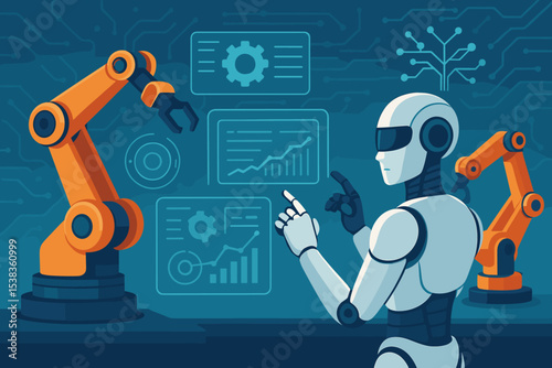 AI driven robotic factory with humanoid robot controlling production process on digital interface. Concept of smart manufacturing, industry 4.0, automation and future technology.