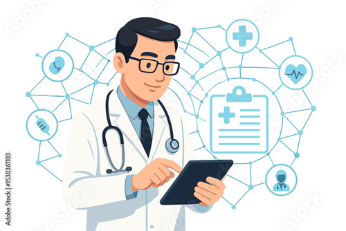 Doctor using digital tablet for healthcare management. Telemedicine concept with medical icons network. Electronic health records, online consultation, modern medical technology vector.