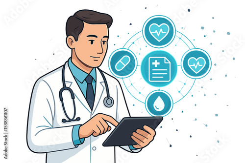 Doctor with tablet representing digital healthcare, telemedicine, e-health. Physician uses technology for online medical consultation, electronic patient records. Medical innovation concept.