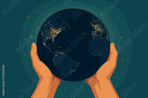 Hands carefully holding planet Earth at night. Global concept for conservation, ecology, sustainability, and environmental protection. Future of the world and humanity in our hands.