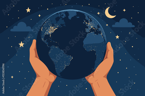 Hands holding planet Earth at night in space. Concept of care, protection, and global responsibility. Save our planet. Earth Day illustration for environment and ecology.