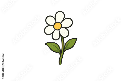 Simple daisy flower cartoon vector illustration. Cute white chamomile blossom with green leaves and stem. Isolated floral element for spring or summer design. Nature plant icon.