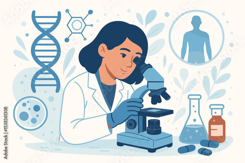 Scientist woman in lab working with microscope. Concept of genetic research, biotechnology, DNA analysis, and pharmaceutical science. Medical discovery and gene innovation vector.