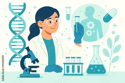 Woman scientist in lab conducting genetic research with DNA helix and microscope. Concept for biotechnology, medicine development, pharmaceutical and healthcare innovation illustration.