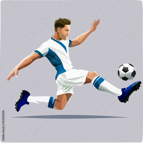 Dynamic vector illustration of a male soccer player in mid-air kicking the ball with a white and blue uniform, capturing the essence of athleticism and game action.