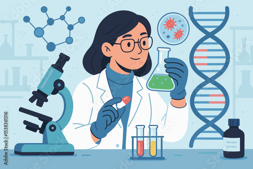 Scientist woman in lab conducting genetic research with DNA. Concept for medical innovation, drug development, pharmacy, and virology. Vector of experiment with microscope and flask.