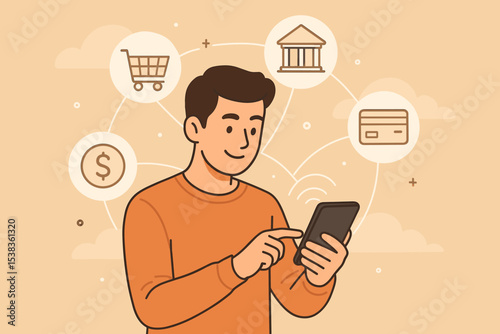 Mobile banking and digital payment concept. Man using smartphone for online shopping and personal finance. Fintech technology. E-commerce transaction. Vector illustration of a user.