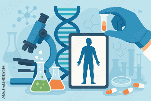 Genetic research concept with DNA helix and microscope in a science lab. Biotechnology and pharmaceutical innovation for developing new medicine, gene therapy, and healthcare.
