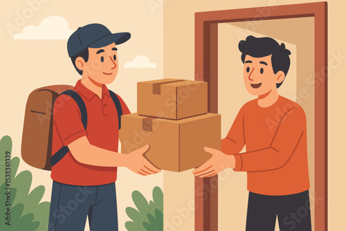 Delivery man giving a parcel to a customer at the door. Courier service, home delivery concept for e-commerce, online shopping. Fast shipping, logistics vector illustration.