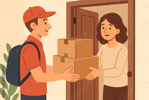 Friendly courier giving parcel boxes to a woman at her home door. Customer receiving online shopping order. Concept of fast shipping, express logistic service, post, and package delivery.