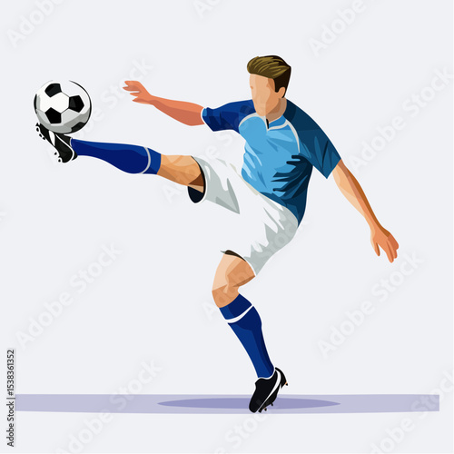 Dynamic vector illustration of a soccer player kicking the ball with energy and precision, showcasing a modern flat design style against a clean white background.