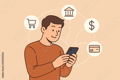 Man using mobile banking app on smartphone for online payment and shopping. Fintech technology concept with financial service icons. Digital wallet, e-commerce, transaction vector.