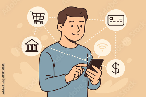 Online banking and e-commerce concept. Man using mobile phone for digital payments and managing personal finance. Fintech illustration with bank, credit card and shopping cart icons.