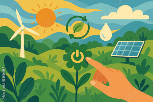 Eco friendly future concept with renewable energy. Hand presses power button on a flower. Sustainability, ecology, and green technology illustration with solar panel and wind turbine.