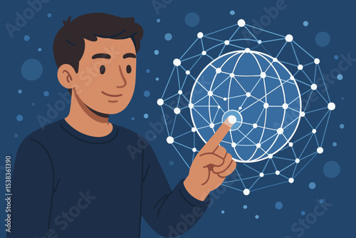 Man touching a futuristic digital globe. Global network connections concept for worldwide business, data, and internet technology. User interacting with a virtual interface. Vector.