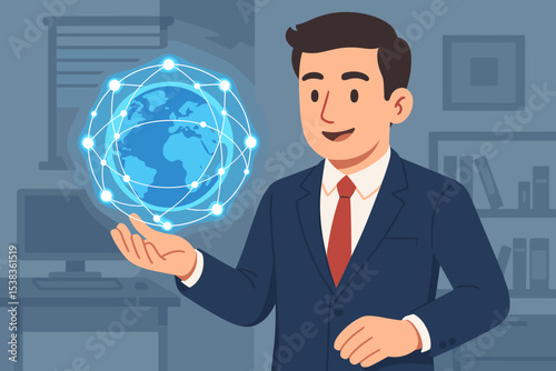 Businessman holding a futuristic hologram of Earth with a global network. Concept of international business, modern technology, internet communication, and data visualization. Innovation.