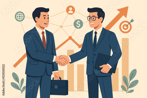 Business partners handshake concept. Successful deal and agreement. Corporate collaboration and teamwork. Financial growth chart and target goal icon for global investment strategy.