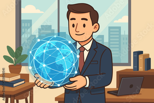 Businessman holding a glowing digital globe with a network. Concept for global business, technology, and international communication. Corporate strategy, data visualization, worldwide.