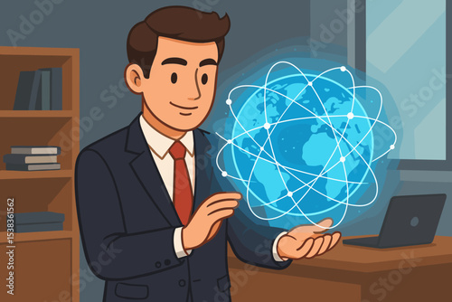 Businessman holds glowing earth hologram. Global network connection, data visualization, worldwide communication, and future technology innovation. International business concept vector.