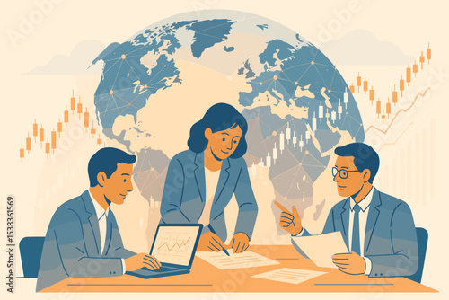 Global business collaboration, international finance concept. Business team meeting, analyzing stock market data. World economy, partnership agreement, investment strategy illustration.