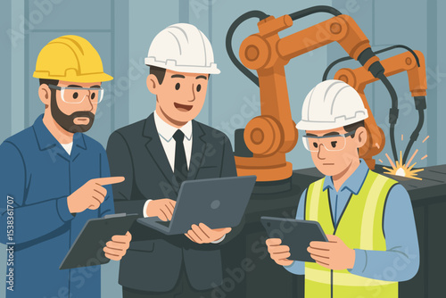 Manager, engineer, and worker collaborating on factory floor. Inspecting automated welding robot arm with tablet and laptop. Industry 4.0, smart manufacturing, teamwork concept.