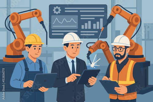 Smart factory with engineers and manager inspecting automated production line. Robotic arms welding while team analyzes data on a dashboard. Industry 4.0 innovation and collaboration concept.