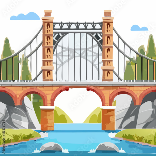 Vector illustration of a scenic bridge over a river with mountains, trees, and blue sky creating a beautiful landscape and transportation design.