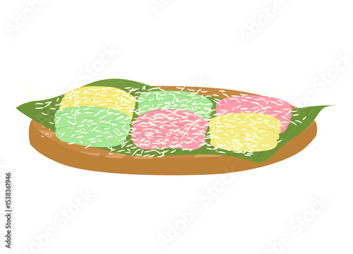 Getuk Lindri with sprinkles of grated coconut. Indonesian dish made from grounded boiled cassava, mixed with grated coconut, sugar and mixed with food coloring.